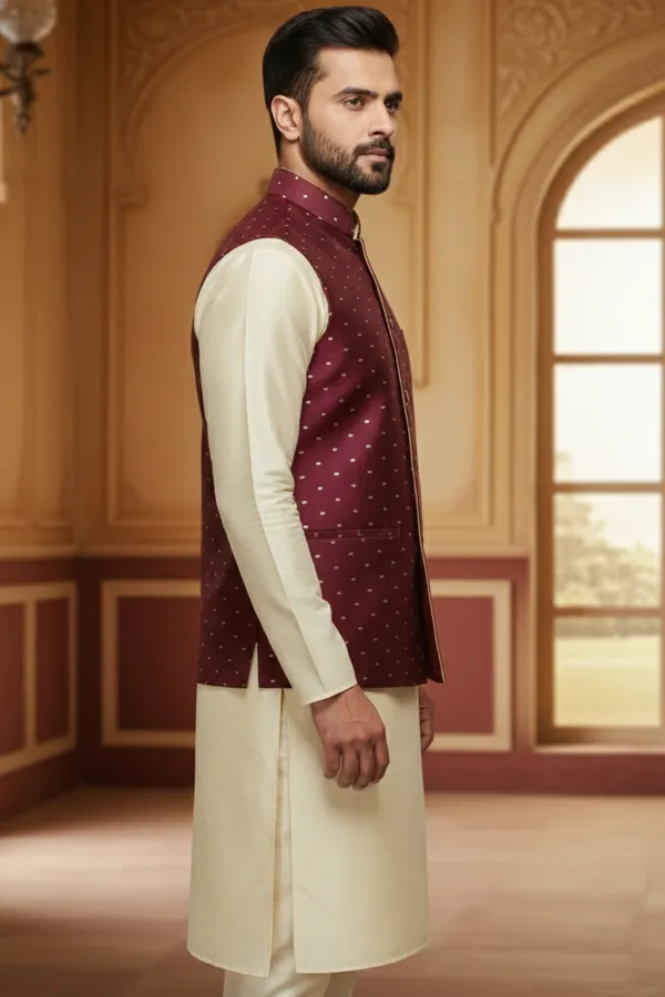 Maroon_Premium_Pattern_Poly_Silk_Nehru_Jacket_Kurta_Pajama_Set_For_Men