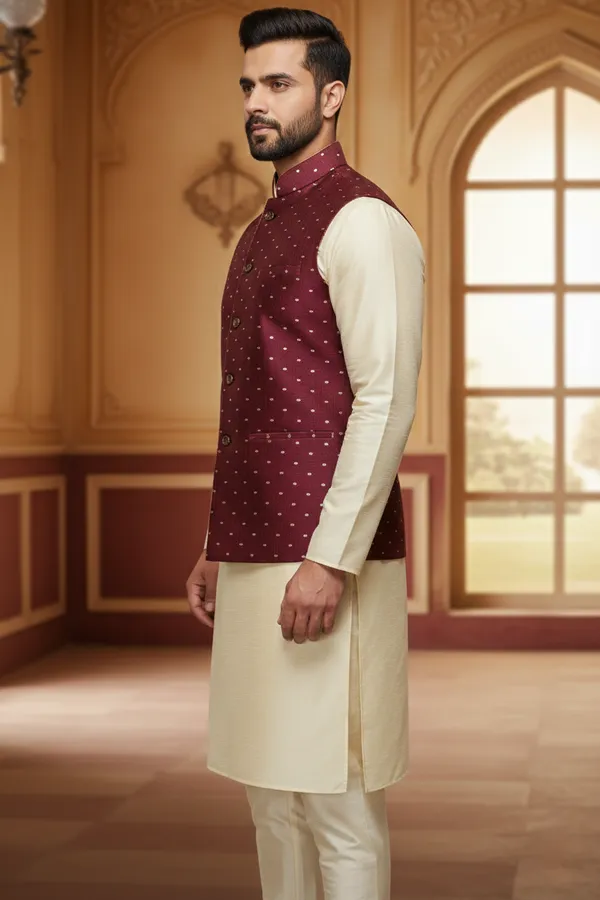 Maroon_Premium_Pattern_Poly_Silk_Nehru_Jacket_Kurta_Pajama_Set_For_Men