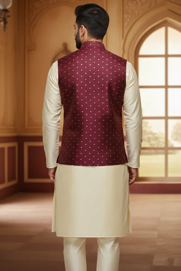Maroon_Premium_Pattern_Poly_Silk_Nehru_Jacket_Kurta_Pajama_Set_For_Men