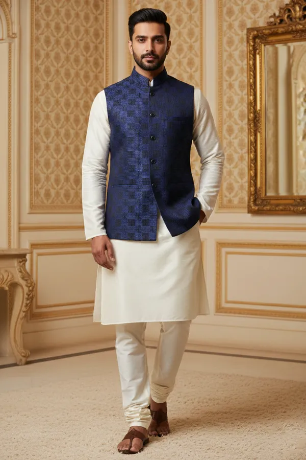 Royal_Blue_Premium_Pattern_Poly_Silk_Nehru_Jacket_Kurta_Pajama_Set_For_Men