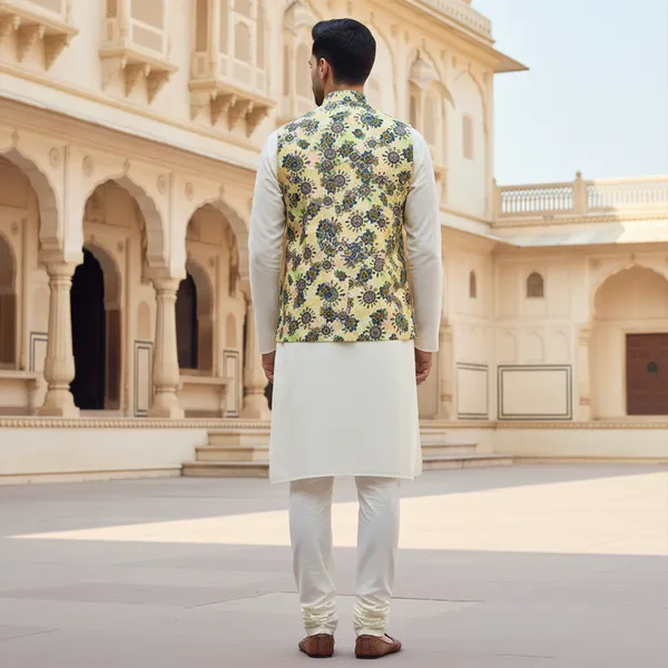 Yellow_Premium_Pattern_Poly_Silk_Nehru_Jacket_Kurta_Pajama_Set_For_Men