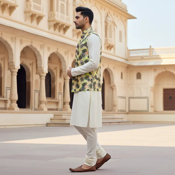 Yellow_Premium_Pattern_Poly_Silk_Nehru_Jacket_Kurta_Pajama_Set_For_Men