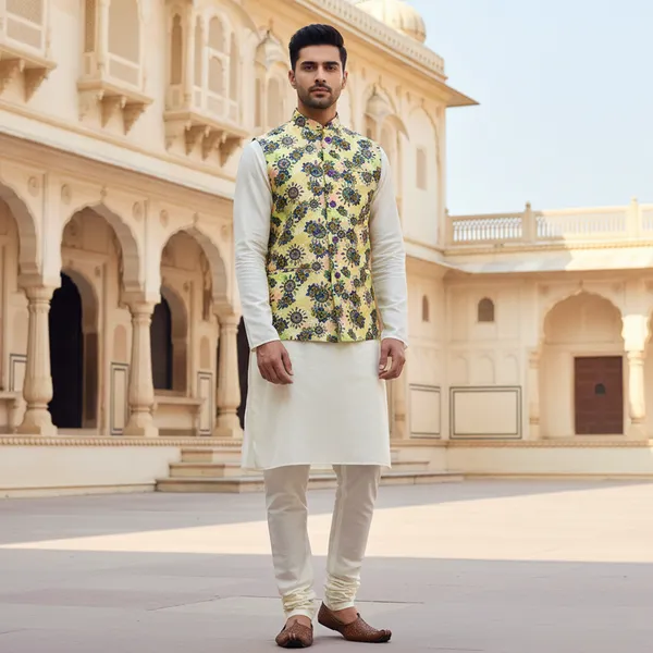 Yellow_Premium_Pattern_Poly_Silk_Nehru_Jacket_Kurta_Pajama_Set_For_Men