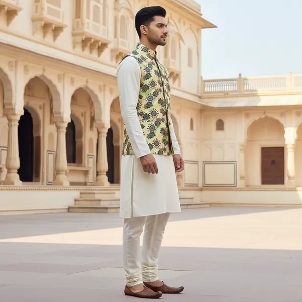 Yellow_Premium_Pattern_Poly_Silk_Nehru_Jacket_Kurta_Pajama_Set_For_Men