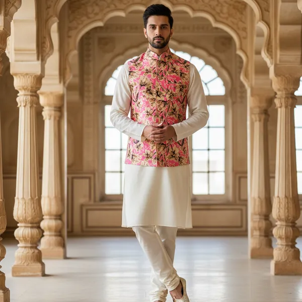 Pink_Premium_Pattern_Poly_Silk_Nehru_Jacket_Kurta_Pajama_Set_For_Men