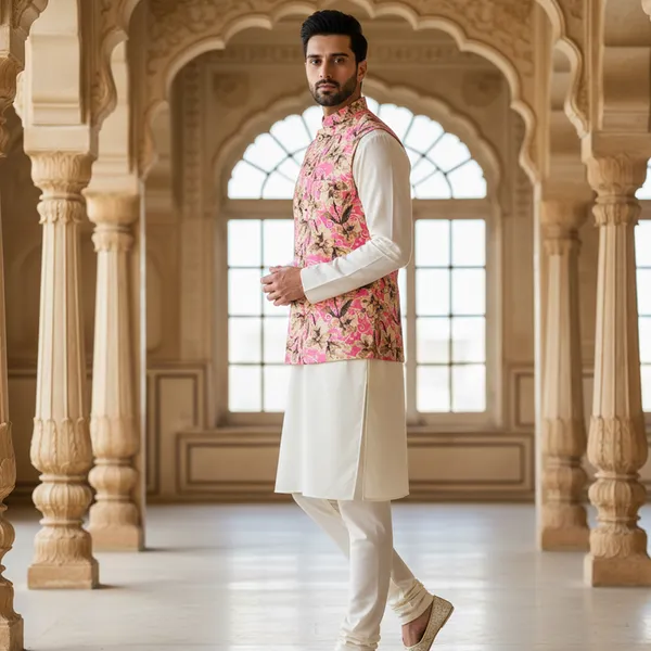 Pink_Premium_Pattern_Poly_Silk_Nehru_Jacket_Kurta_Pajama_Set_For_Men