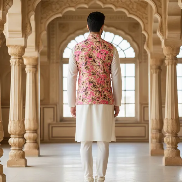 Pink_Premium_Pattern_Poly_Silk_Nehru_Jacket_Kurta_Pajama_Set_For_Men