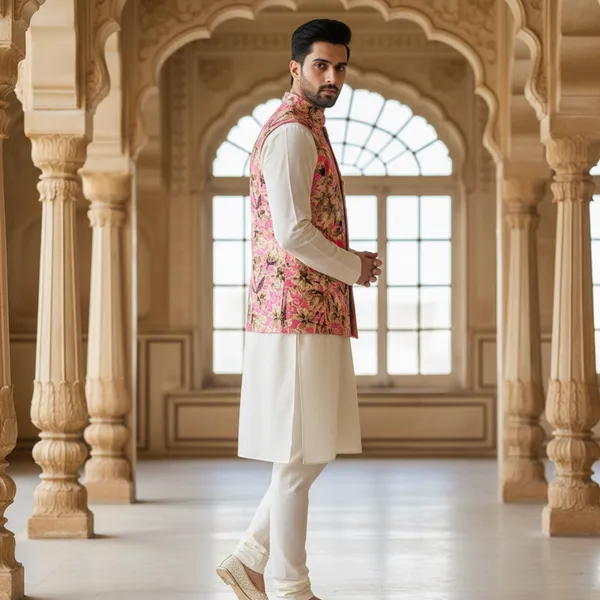Pink_Premium_Pattern_Poly_Silk_Nehru_Jacket_Kurta_Pajama_Set_For_Men