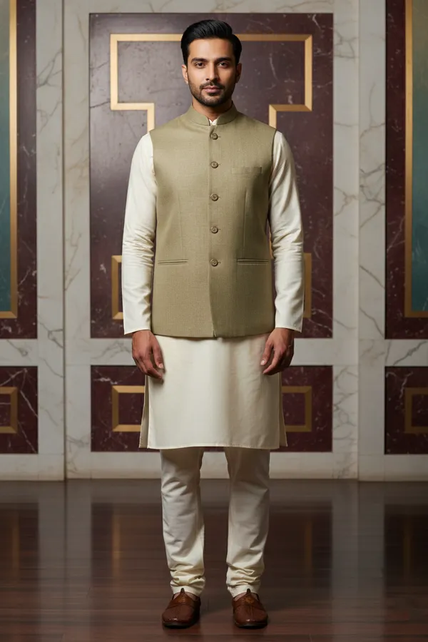 Beige_Premium_Pattern_Poly_Silk_Nehru_Jacket_Kurta_Pajama_Set_For_Men
