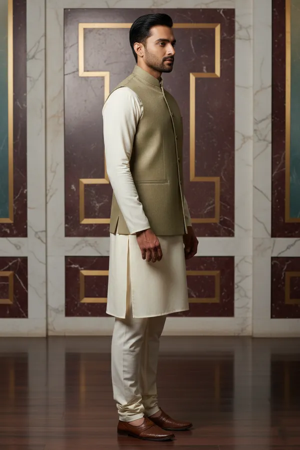 Beige_Premium_Pattern_Poly_Silk_Nehru_Jacket_Kurta_Pajama_Set_For_Men
