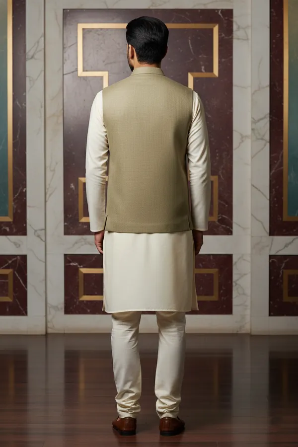 Beige_Premium_Pattern_Poly_Silk_Nehru_Jacket_Kurta_Pajama_Set_For_Men