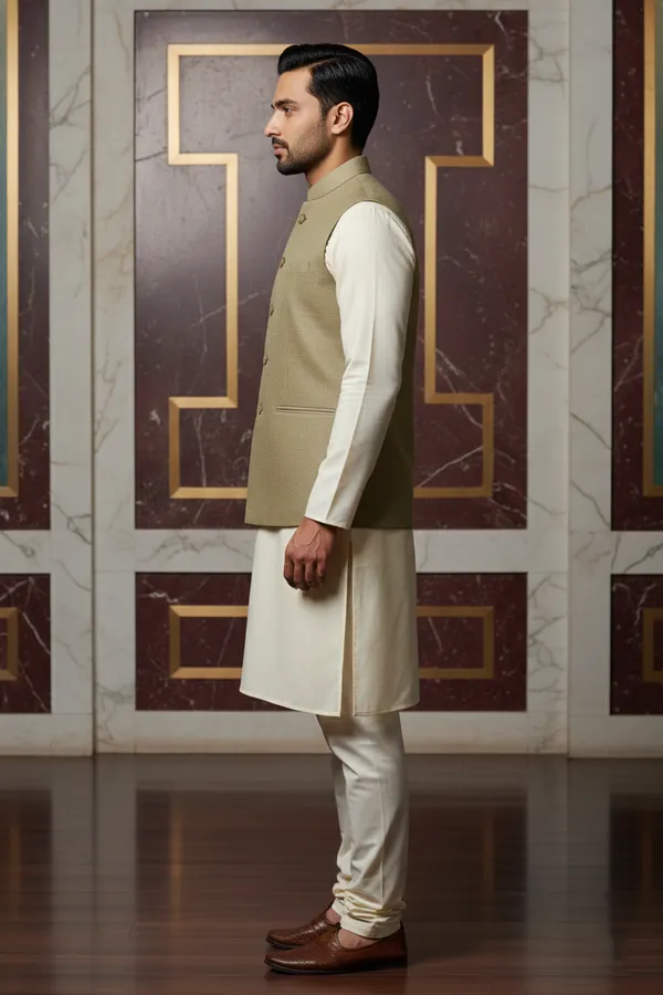 Beige_Premium_Pattern_Poly_Silk_Nehru_Jacket_Kurta_Pajama_Set_For_Men