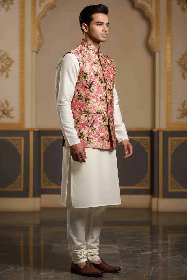 Pink_Premium_Pattern_Poly_Silk_Nehru_Jacket_Kurta_Pajama_Set_For_Men