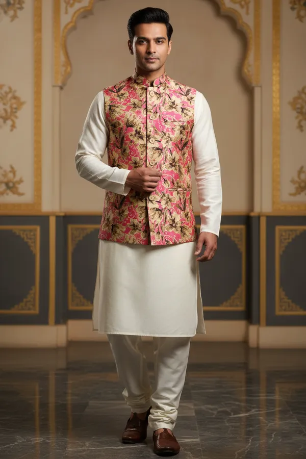 Pink_Premium_Pattern_Poly_Silk_Nehru_Jacket_Kurta_Pajama_Set_For_Men