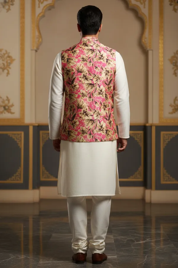 Pink_Premium_Pattern_Poly_Silk_Nehru_Jacket_Kurta_Pajama_Set_For_Men