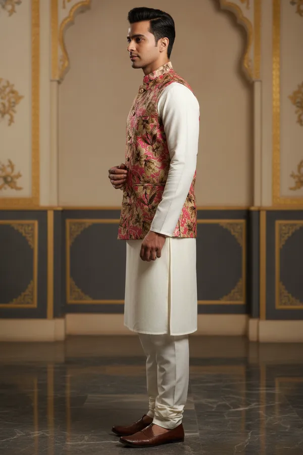 Pink_Premium_Pattern_Poly_Silk_Nehru_Jacket_Kurta_Pajama_Set_For_Men