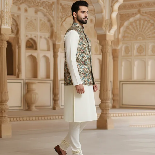 Multicolor_Premium_Pattern_Poly_Silk_Nehru_Jacket_Kurta_Pajama_Set_For_Men