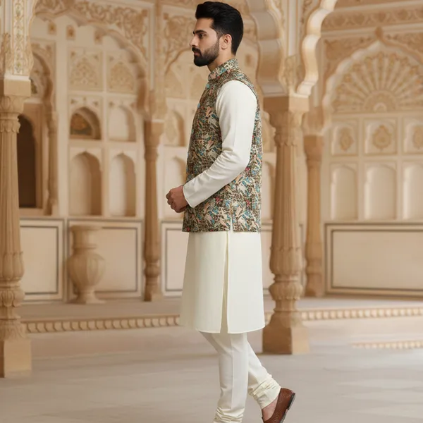 Multicolor_Premium_Pattern_Poly_Silk_Nehru_Jacket_Kurta_Pajama_Set_For_Men