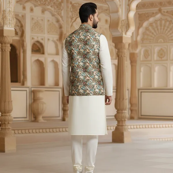 Multicolor_Premium_Pattern_Poly_Silk_Nehru_Jacket_Kurta_Pajama_Set_For_Men