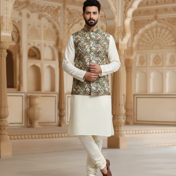 Multicolor_Premium_Pattern_Poly_Silk_Nehru_Jacket_Kurta_Pajama_Set_For_Men