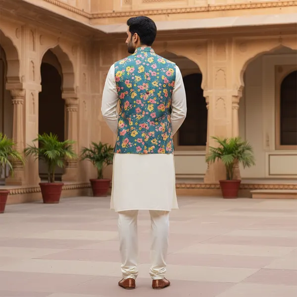 Teal_Premium_Pattern_Poly_Silk_Nehru_Jacket_Kurta_Pajama_Set_For_Men