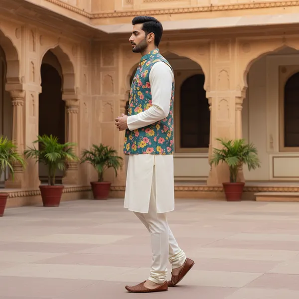 Teal_Premium_Pattern_Poly_Silk_Nehru_Jacket_Kurta_Pajama_Set_For_Men