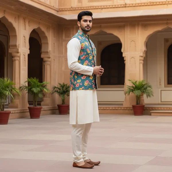 Teal_Premium_Pattern_Poly_Silk_Nehru_Jacket_Kurta_Pajama_Set_For_Men