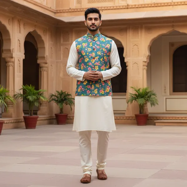 Teal_Premium_Pattern_Poly_Silk_Nehru_Jacket_Kurta_Pajama_Set_For_Men