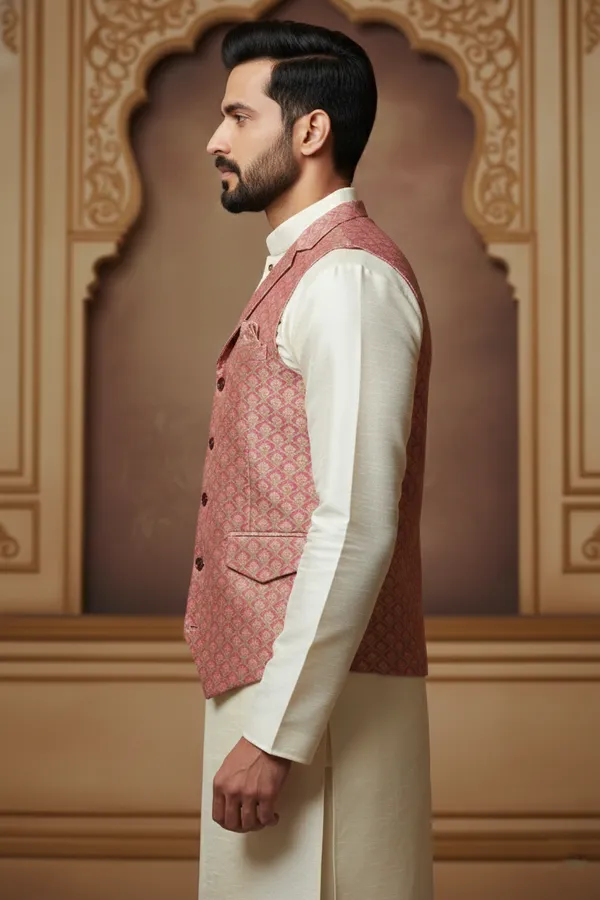 Pink_Premium_Pattern_Poly_Silk_Nehru_Jacket_Kurta_Pajama_Set_For_Men