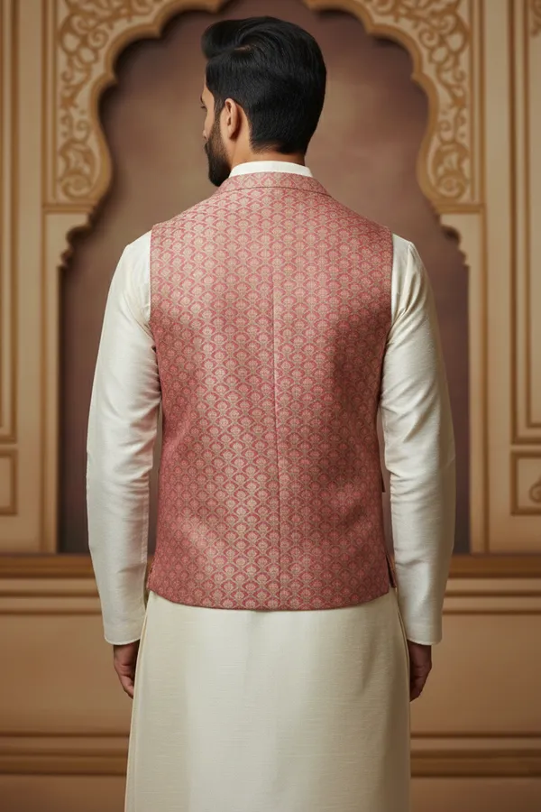 Pink_Premium_Pattern_Poly_Silk_Nehru_Jacket_Kurta_Pajama_Set_For_Men