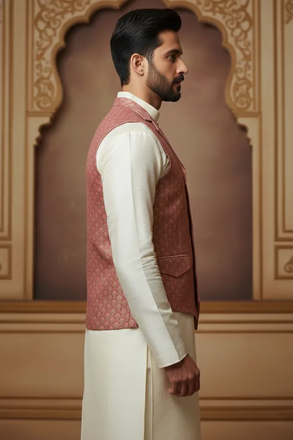 Pink_Premium_Pattern_Poly_Silk_Nehru_Jacket_Kurta_Pajama_Set_For_Men