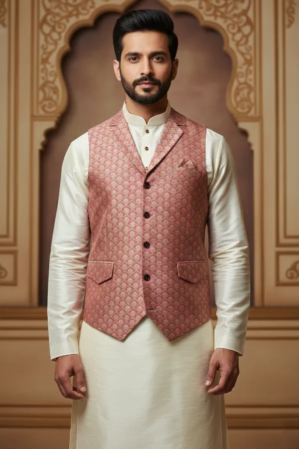 Pink_Premium_Pattern_Poly_Silk_Nehru_Jacket_Kurta_Pajama_Set_For_Men