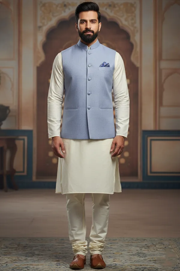 Lightblue_Premium_Pattern_Poly_Silk_Nehru_Jacket_Kurta_Pajama_Set_For_Men