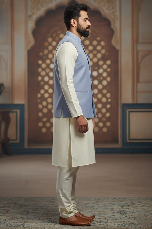 Lightblue_Premium_Pattern_Poly_Silk_Nehru_Jacket_Kurta_Pajama_Set_For_Men