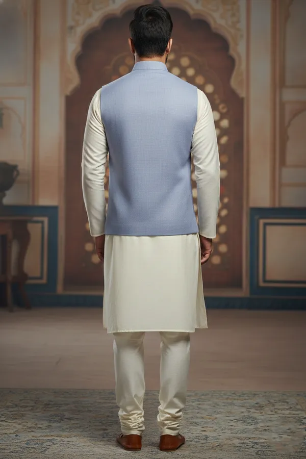 Lightblue_Premium_Pattern_Poly_Silk_Nehru_Jacket_Kurta_Pajama_Set_For_Men