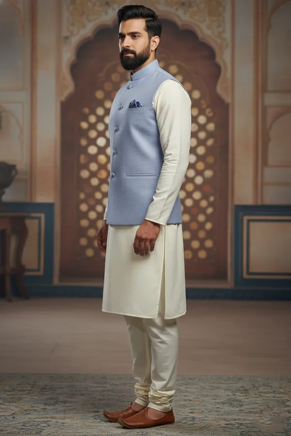 Lightblue_Premium_Pattern_Poly_Silk_Nehru_Jacket_Kurta_Pajama_Set_For_Men
