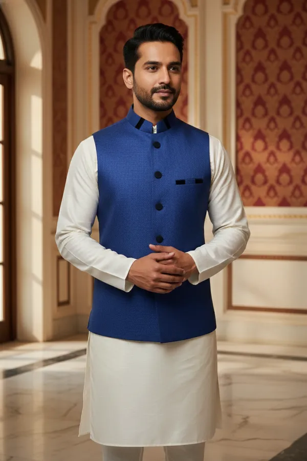 Dark_Blue_Premium_Pattern_Poly_Silk_Nehru_Jacket_Kurta_Pajama_Set_For_Men