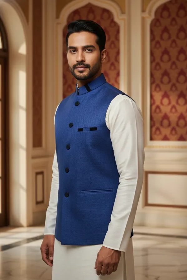 Dark_Blue_Premium_Pattern_Poly_Silk_Nehru_Jacket_Kurta_Pajama_Set_For_Men