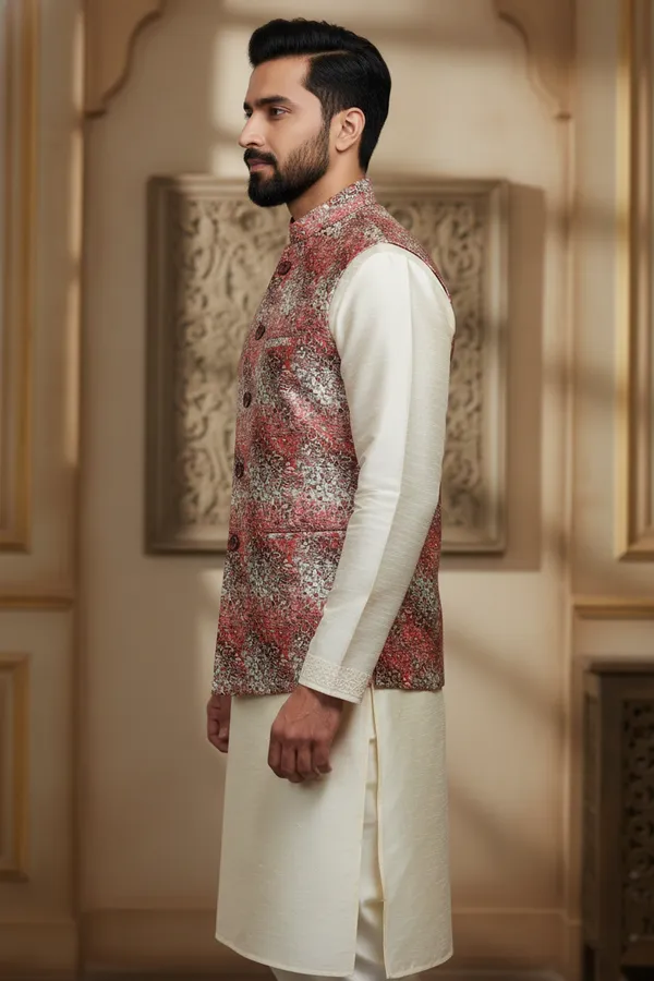 Abstract_Multicolor_Premium_Pattern_Poly_Silk_Nehru_Jacket_Kurta_Pajama_Set_For_Men