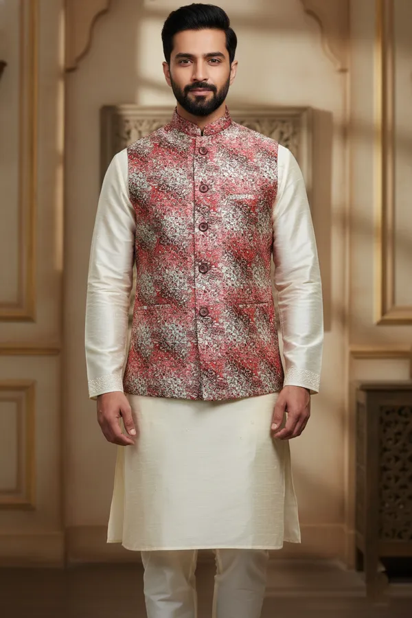 Abstract_Multicolor_Premium_Pattern_Poly_Silk_Nehru_Jacket_Kurta_Pajama_Set_For_Men