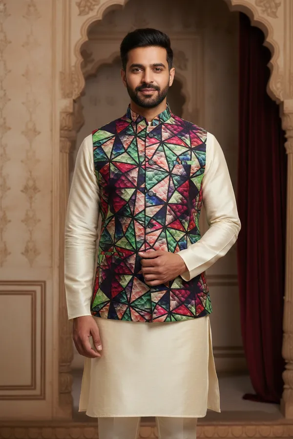 Abstract_Multicolor_Premium_Pattern_Poly_Silk_Nehru_Jacket_Kurta_Pajama_Set_For_Men