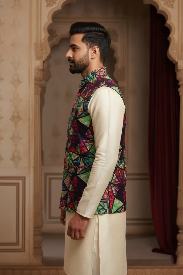 Abstract_Multicolor_Premium_Pattern_Poly_Silk_Nehru_Jacket_Kurta_Pajama_Set_For_Men