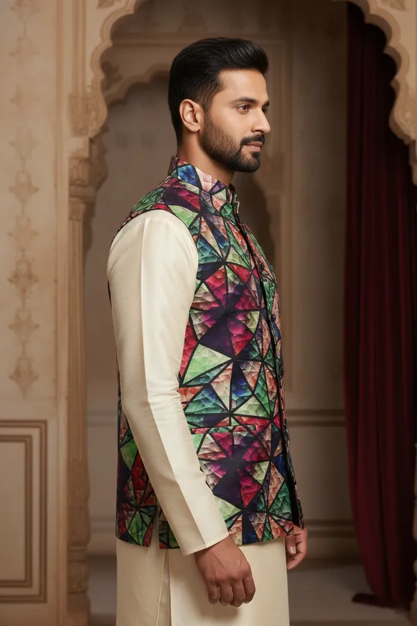Abstract_Multicolor_Premium_Pattern_Poly_Silk_Nehru_Jacket_Kurta_Pajama_Set_For_Men