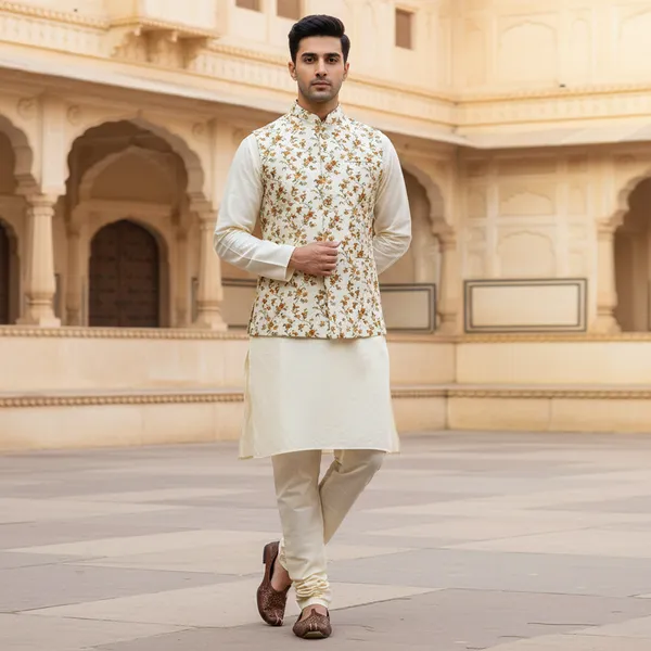 Ivory_Premium_Pattern_Poly_Silk_Nehru_Jacket_Kurta_Pajama_Set_For_Men