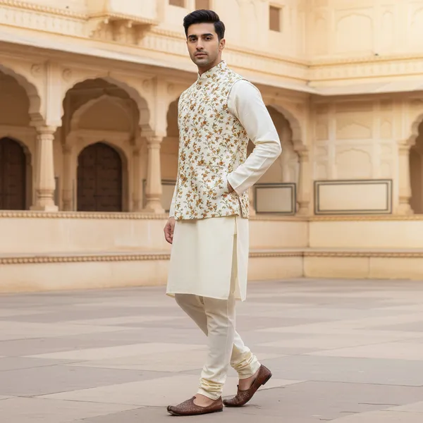 Ivory_Premium_Pattern_Poly_Silk_Nehru_Jacket_Kurta_Pajama_Set_For_Men