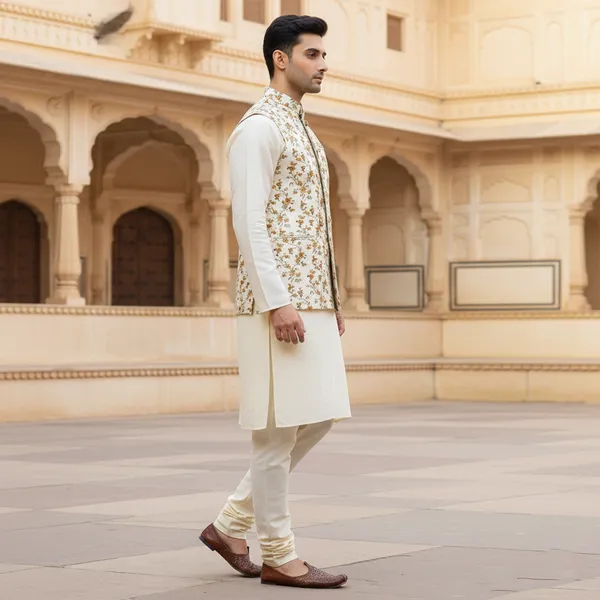 Ivory_Premium_Pattern_Poly_Silk_Nehru_Jacket_Kurta_Pajama_Set_For_Men