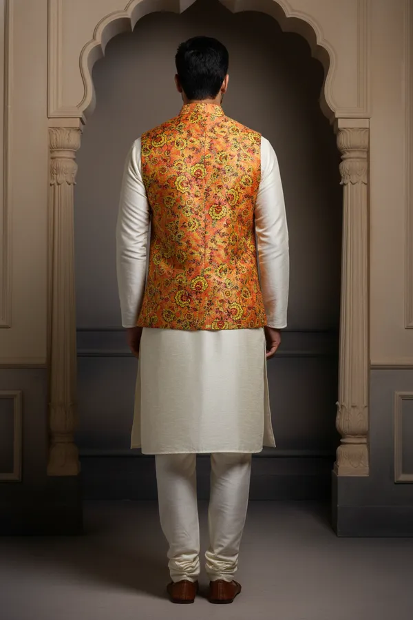 Gold_Premium_Pattern_Poly_Silk_Nehru_Jacket_Kurta_Pajama_Set_For_Men