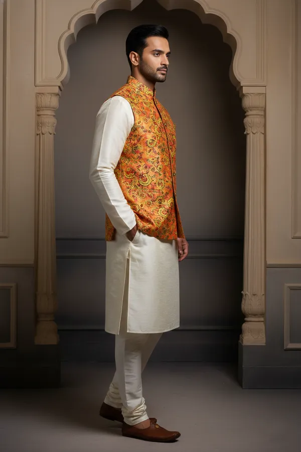 Gold_Premium_Pattern_Poly_Silk_Nehru_Jacket_Kurta_Pajama_Set_For_Men