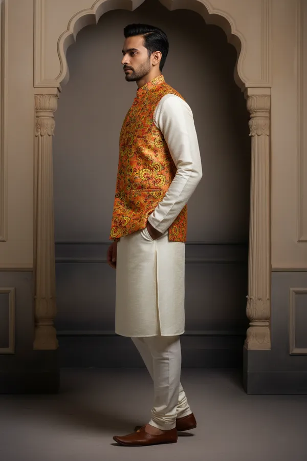 Gold_Premium_Pattern_Poly_Silk_Nehru_Jacket_Kurta_Pajama_Set_For_Men