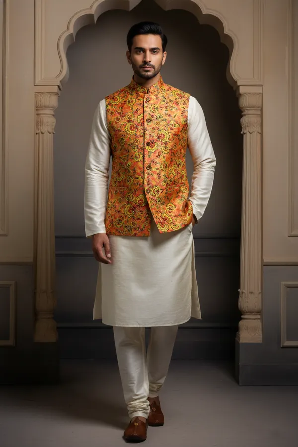 Gold_Premium_Pattern_Poly_Silk_Nehru_Jacket_Kurta_Pajama_Set_For_Men